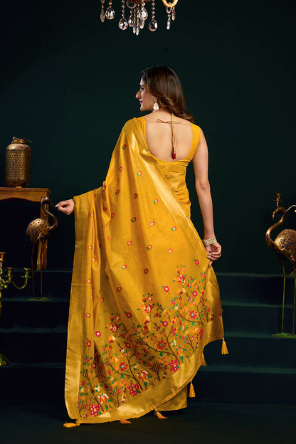 Monjolika Fashion Mustard Cotton Blend Saree with Floral Meenakari Pallu and Gold Zari Border