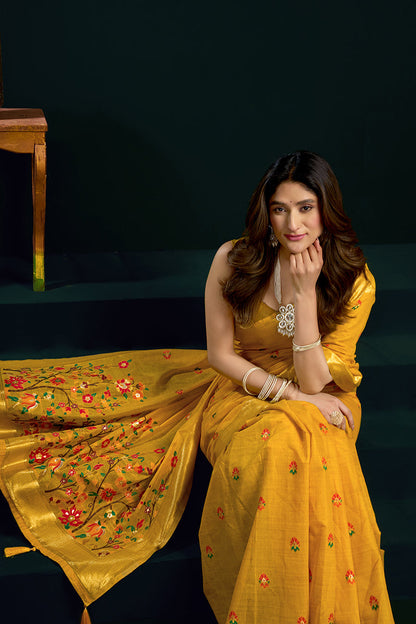 Monjolika Fashion Mustard Cotton Blend Saree with Floral Meenakari Pallu and Gold Zari Border