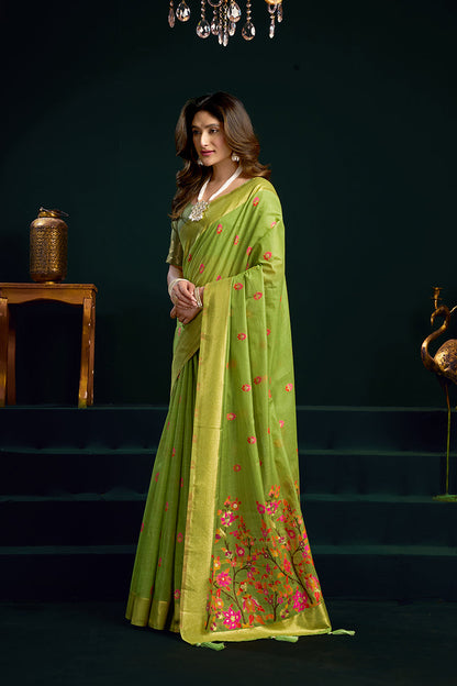 Monjolika Fashion Light Green Cotton Blend Saree with Floral Meenakari Pallu and Gold Zari Border