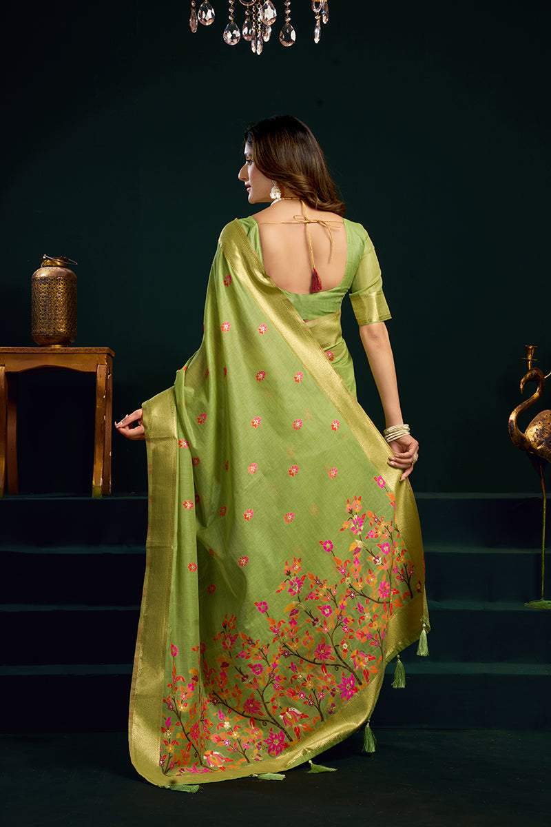 Monjolika Fashion Light Green Cotton Blend Saree with Floral Meenakari Pallu and Gold Zari Border