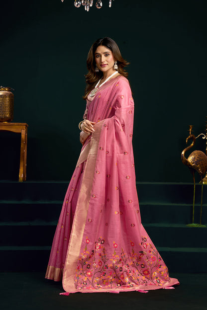 Monjolika Fashion Pink Cotton Blend Saree with Floral Meenakari Pallu and Gold Zari Border