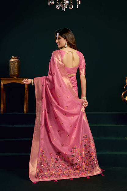 Monjolika Fashion Pink Cotton Blend Saree with Floral Meenakari Pallu and Gold Zari Border