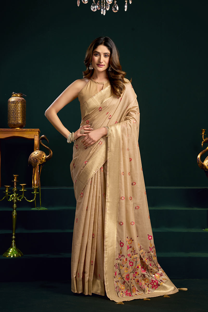 Monjolika Fashion Beige Cotton Blend Saree with Floral Meenakari Pallu and Gold Zari Border