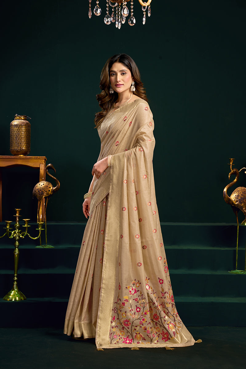 Monjolika Fashion Beige Cotton Blend Saree with Floral Meenakari Pallu and Gold Zari Border