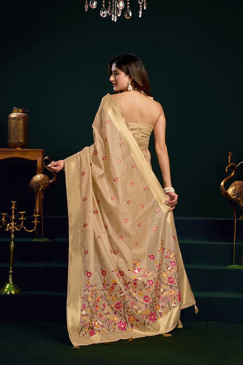 Monjolika Fashion Beige Cotton Blend Saree with Floral Meenakari Pallu and Gold Zari Border