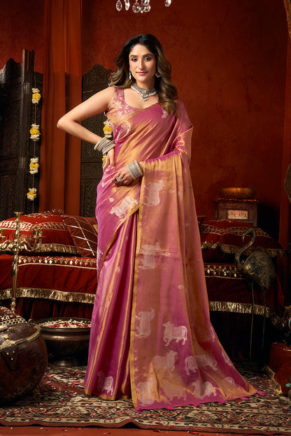 Monjolika Fashion Pink Tissue Silk Blend Saree With Cow Butta weaving work