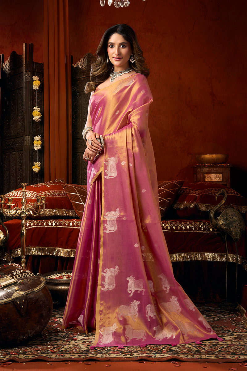 Monjolika Fashion Pink Tissue Silk Blend Saree With Cow Butta weaving work