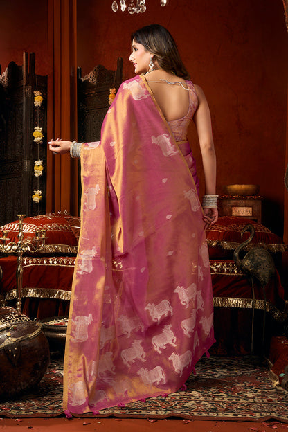 Monjolika Fashion Pink Tissue Silk Blend Saree With Cow Butta weaving work