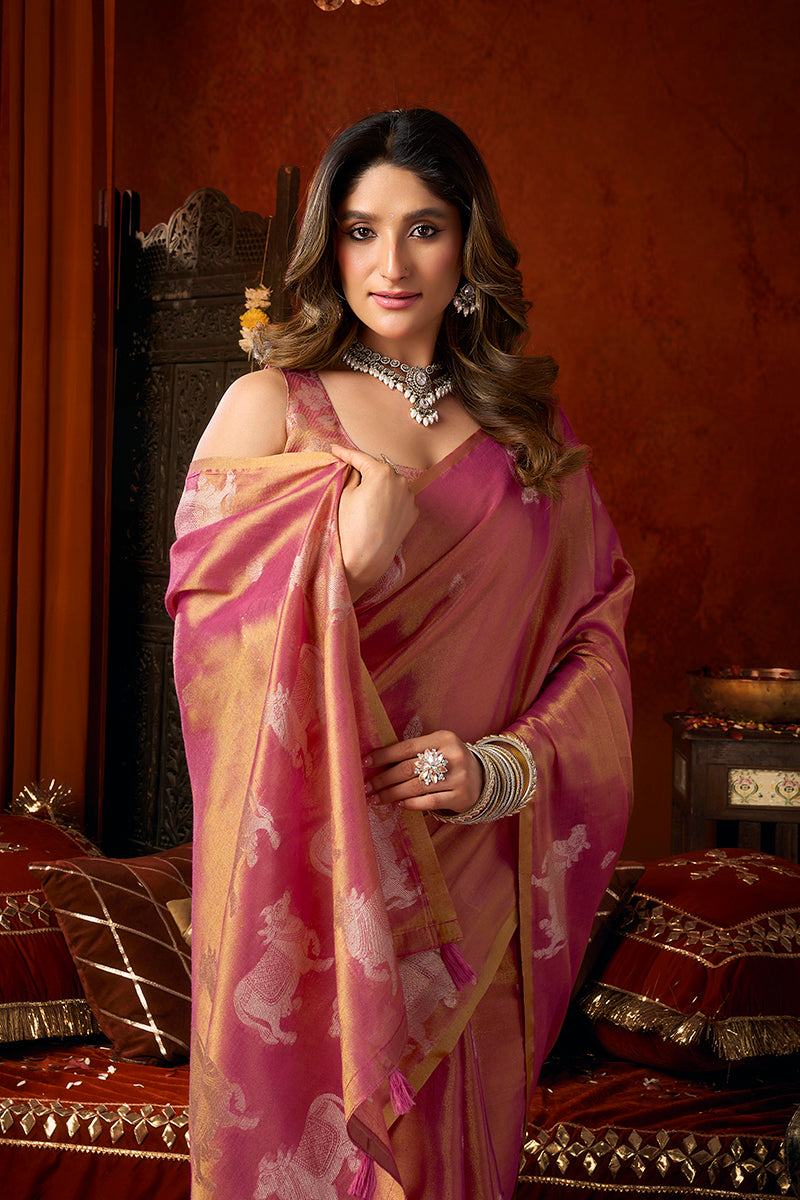 Monjolika Fashion Pink Tissue Silk Blend Saree With Cow Butta weaving work
