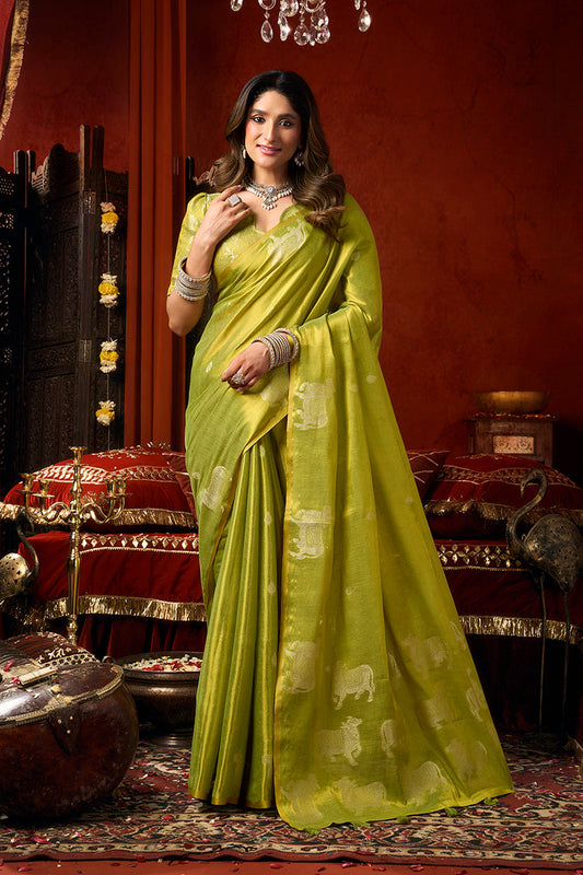 Monjolika Fashion Lime Green Tissue Silk Blend Saree With Cow Butta weaving work