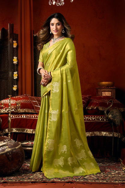 Monjolika Fashion Lime Green Tissue Silk Blend Saree With Cow Butta weaving work
