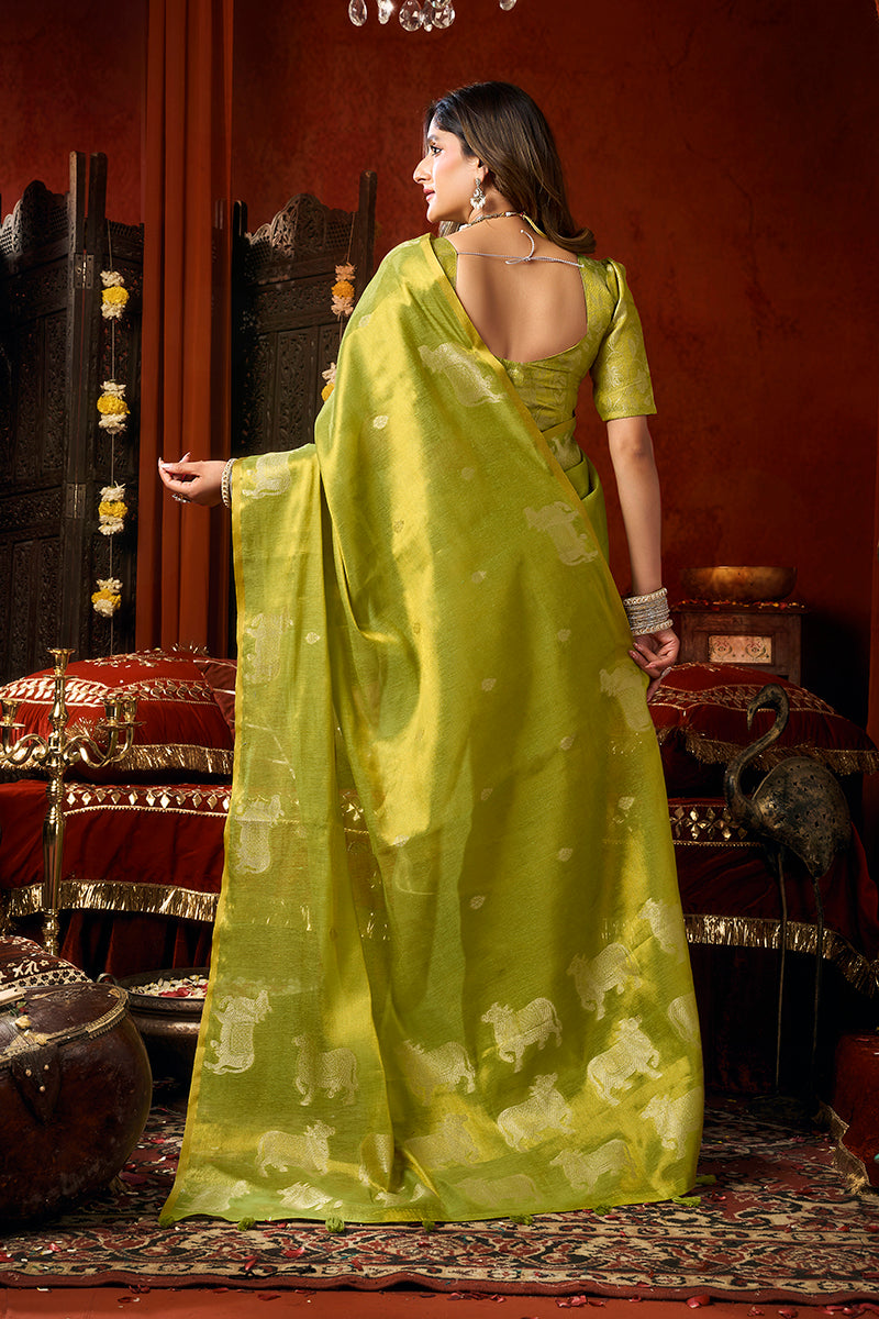 Monjolika Fashion Lime Green Tissue Silk Blend Saree With Cow Butta weaving work