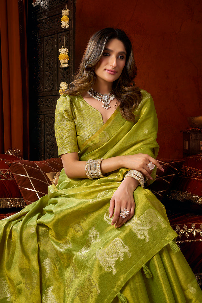 Monjolika Fashion Lime Green Tissue Silk Blend Saree With Cow Butta weaving work