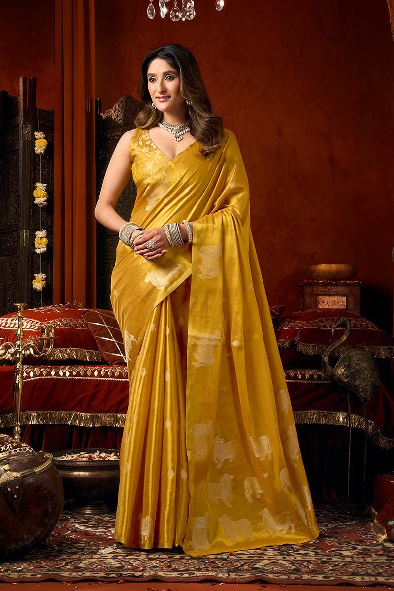 Monjolika Fashion Mustard Tissue Silk Blend Saree With Cow Butta weaving work