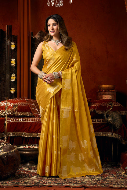 Monjolika Fashion Mustard Tissue Silk Blend Saree With Cow Butta weaving work