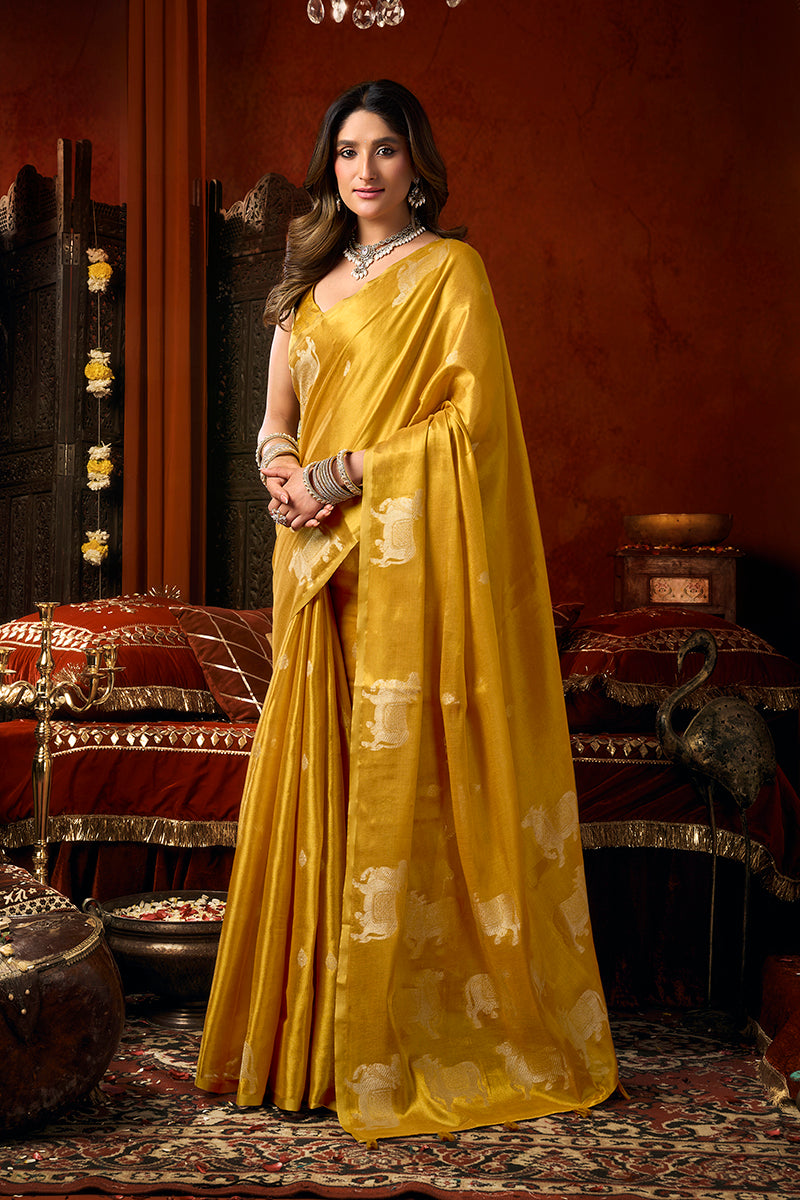 Monjolika Fashion Mustard Tissue Silk Blend Saree With Cow Butta weaving work