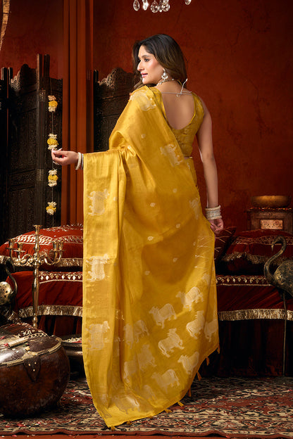 Monjolika Fashion Mustard Tissue Silk Blend Saree With Cow Butta weaving work