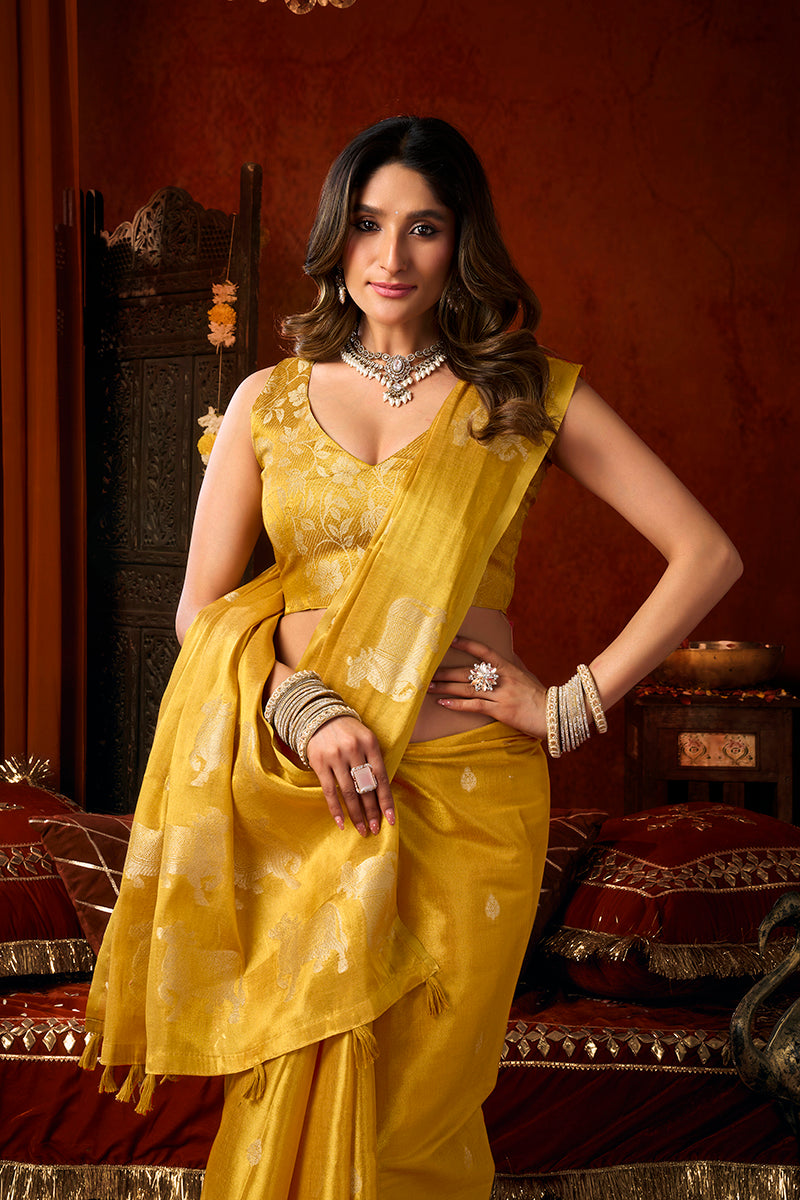 Monjolika Fashion Mustard Tissue Silk Blend Saree With Cow Butta weaving work