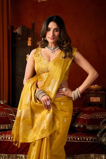 Monjolika Fashion Mustard Tissue Silk Blend Saree With Cow Butta weaving work