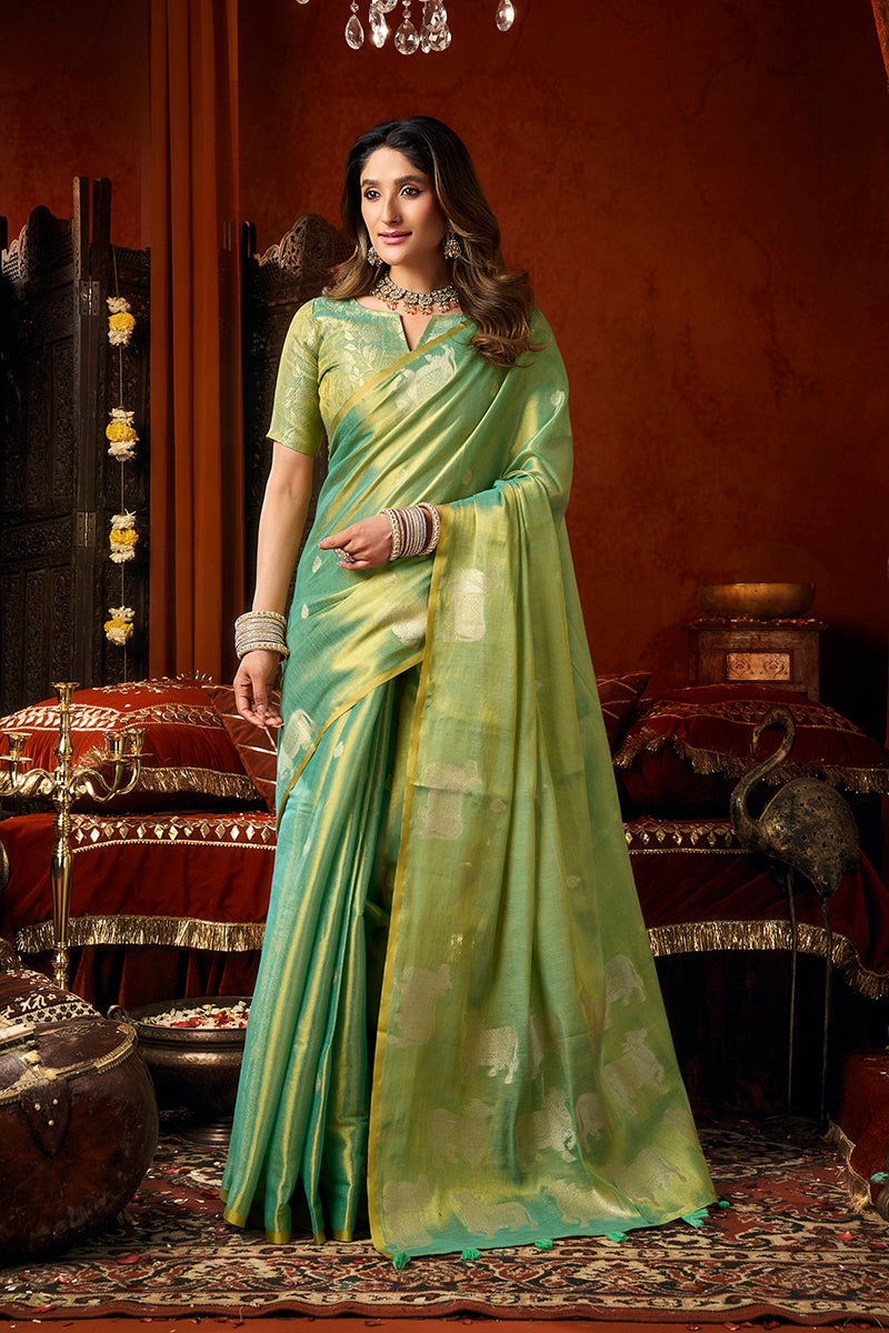 Monjolika Fashion Sea Green Tissue Silk Blend Saree With Cow Butta weaving work