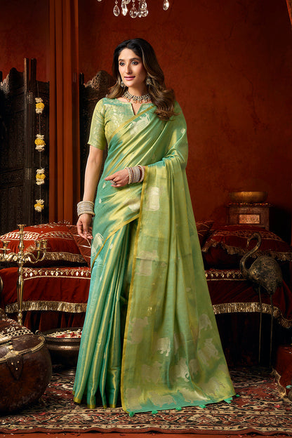 Monjolika Fashion Sea Green Tissue Silk Blend Saree With Cow Butta weaving work