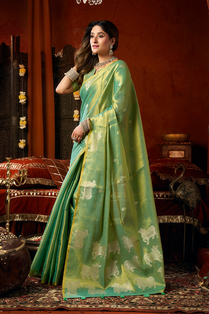 Monjolika Fashion Sea Green Tissue Silk Blend Saree With Cow Butta weaving work