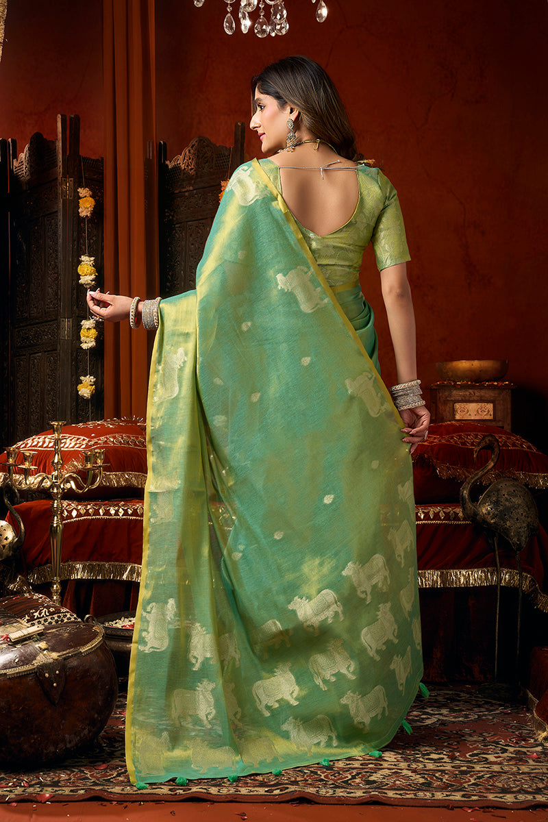 Monjolika Fashion Sea Green Tissue Silk Blend Saree With Cow Butta weaving work