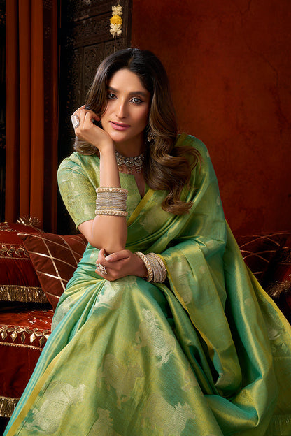 Monjolika Fashion Sea Green Tissue Silk Blend Saree With Cow Butta weaving work