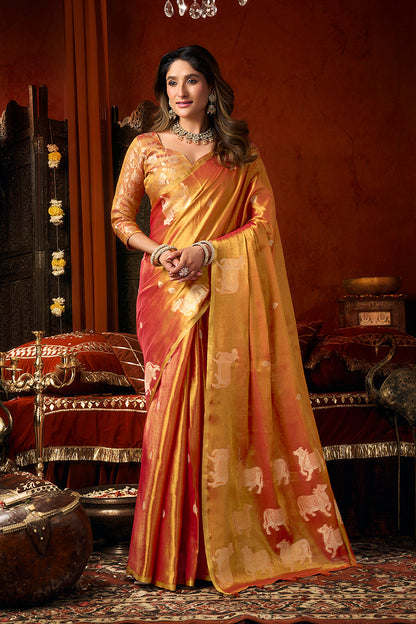 Monjolika Fashion Orange Tissue Silk Blend Saree With Cow Butta weaving work