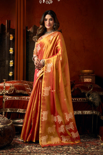 Monjolika Fashion Orange Tissue Silk Blend Saree With Cow Butta weaving work