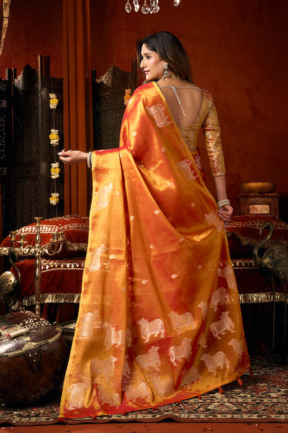 Monjolika Fashion Orange Tissue Silk Blend Saree With Cow Butta weaving work