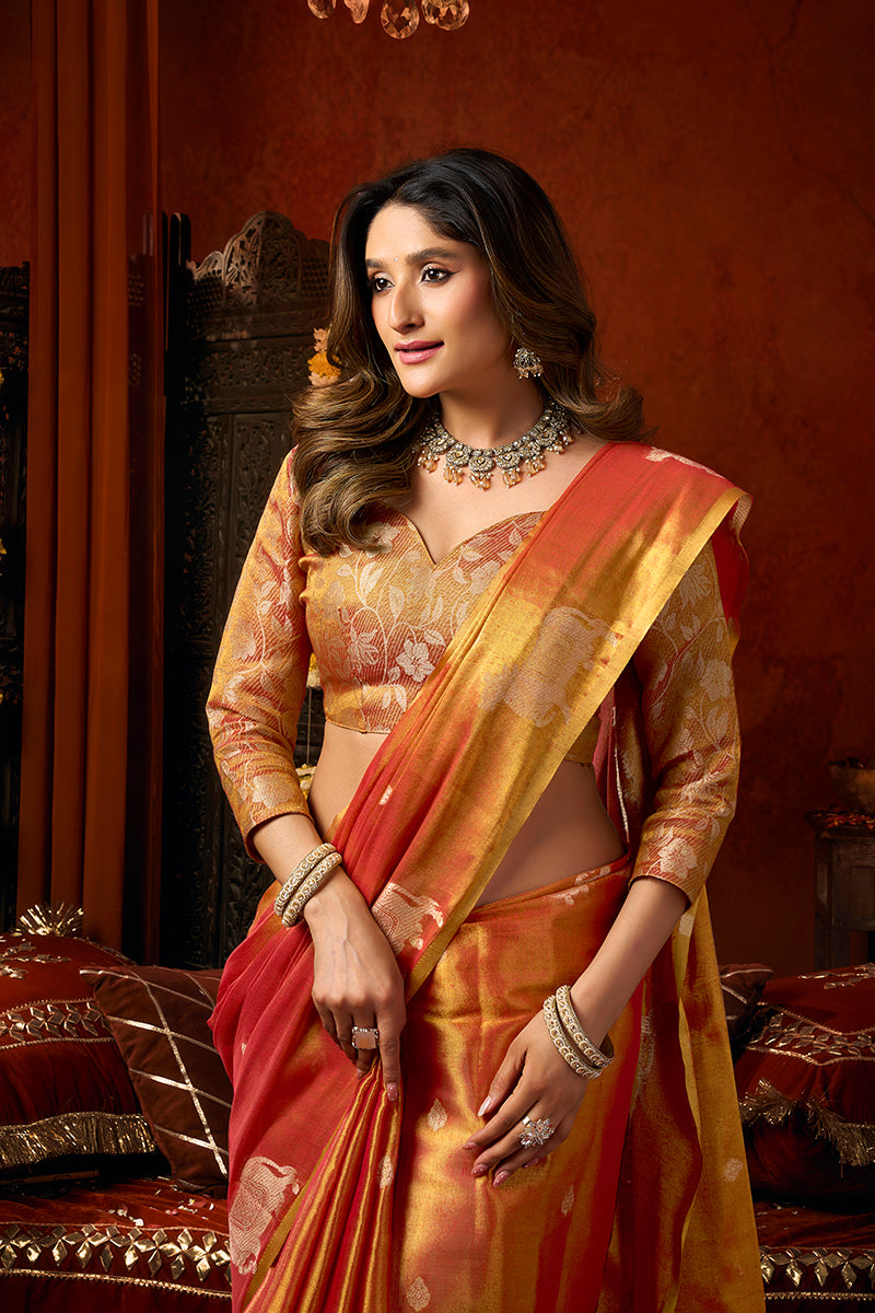 Monjolika Fashion Orange Tissue Silk Blend Saree With Cow Butta weaving work