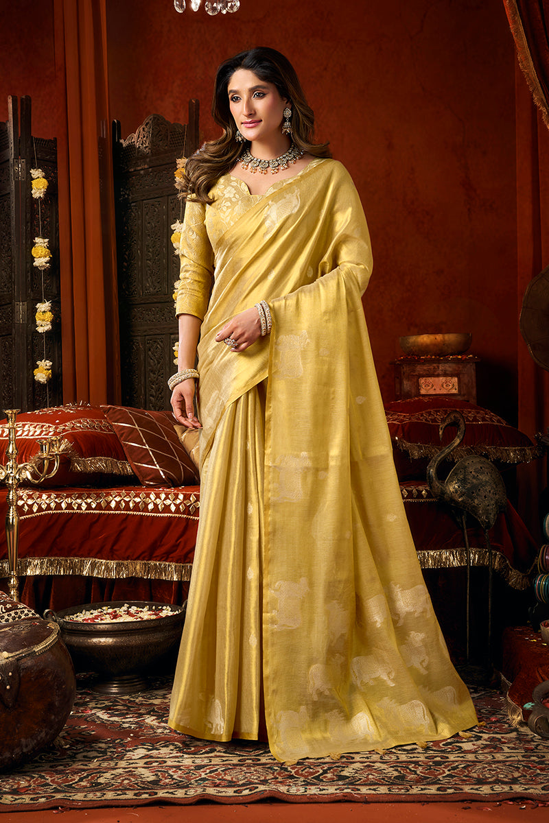 Monjolika Fashion Golden Yellow Tissue Silk Blend Saree With Cow Butta weaving work