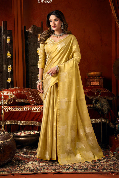 Monjolika Fashion Golden Yellow Tissue Silk Blend Saree With Cow Butta weaving work