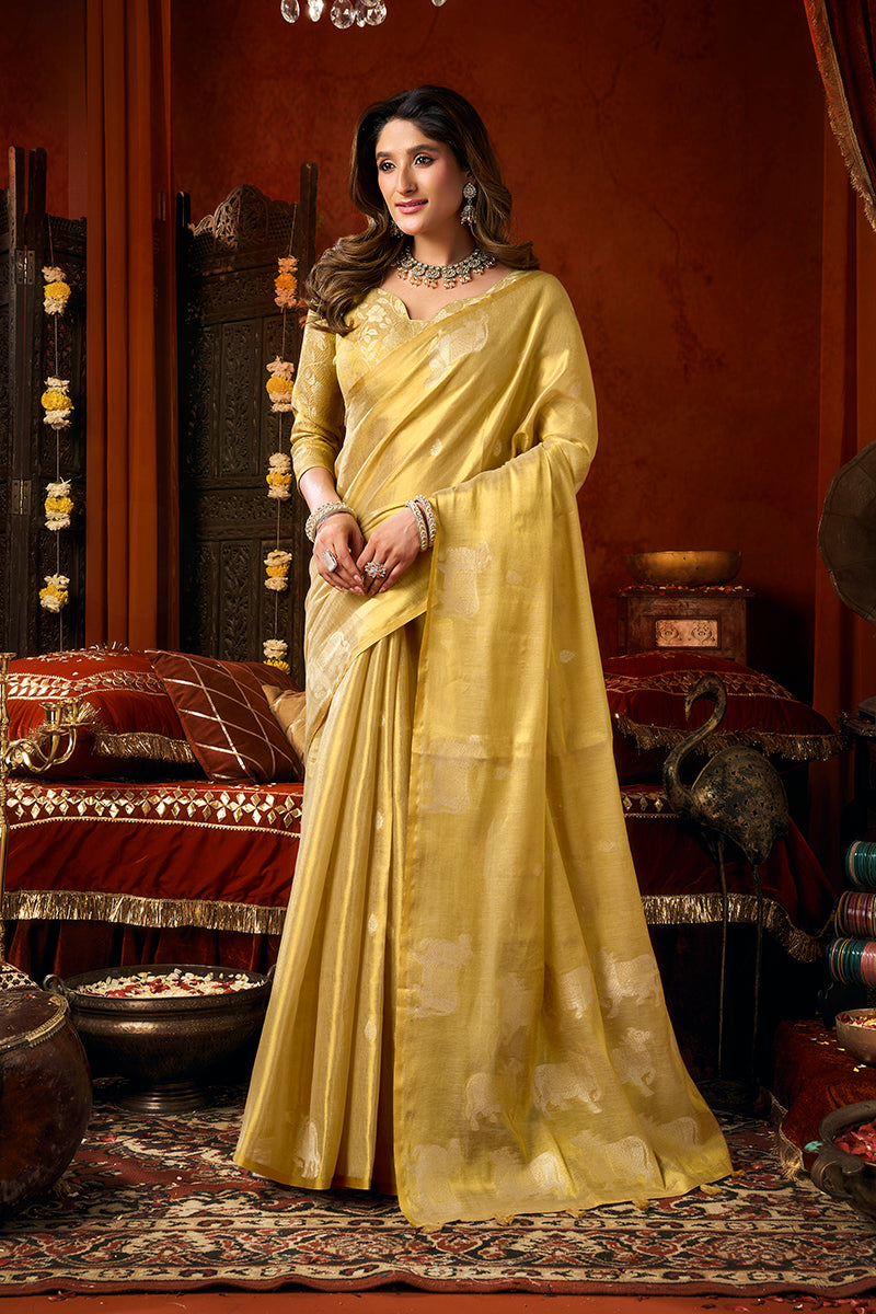 Monjolika Fashion Golden Yellow Tissue Silk Blend Saree With Cow Butta weaving work
