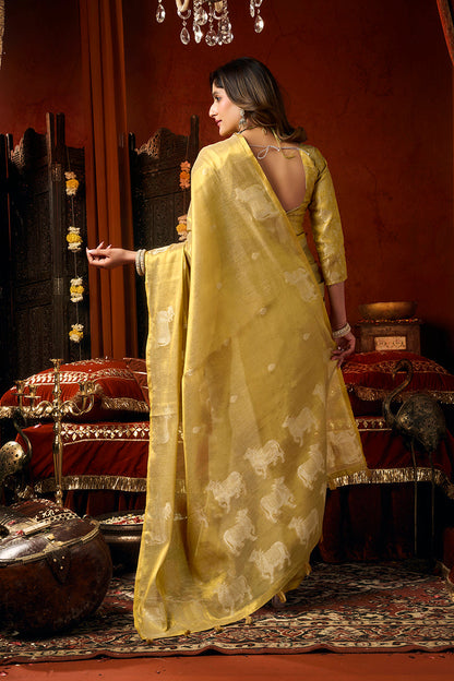 Monjolika Fashion Golden Yellow Tissue Silk Blend Saree With Cow Butta weaving work