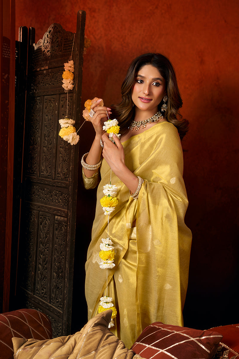 Monjolika Fashion Golden Yellow Tissue Silk Blend Saree With Cow Butta weaving work