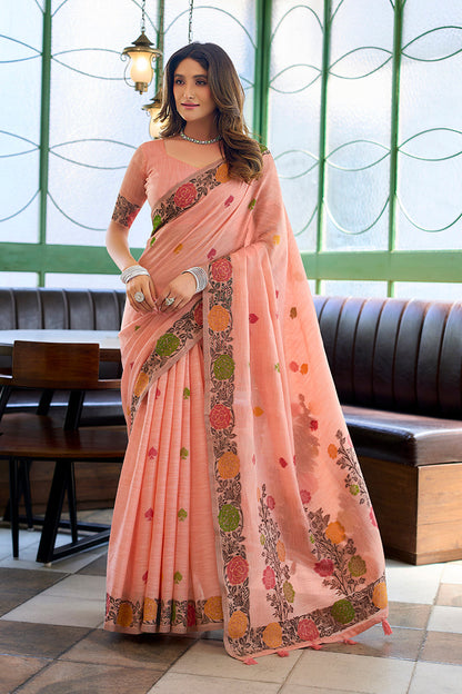 Monjolika Fashion Peach Floral Printed Linen Jacquard Saree with unstiched Blouse Piece