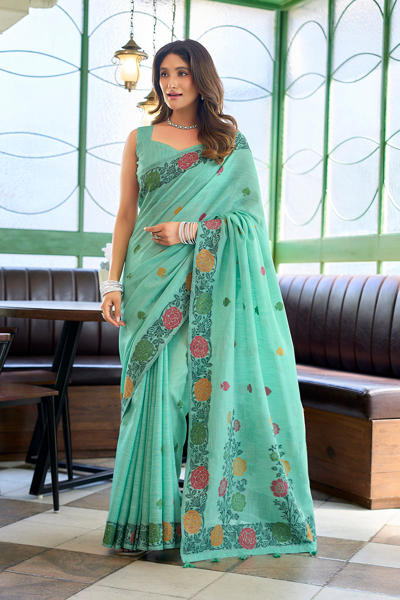 Monjolika Fashion Turquoise Floral Printed Linen Jacquard Saree with unstiched Blouse Piece