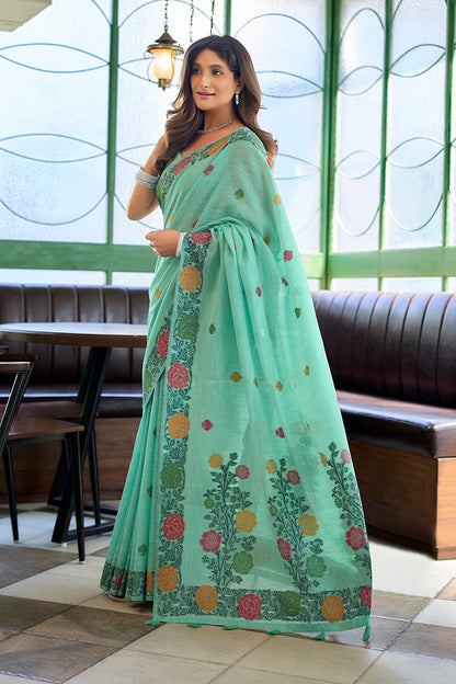 Monjolika Fashion Turquoise Floral Printed Linen Jacquard Saree with unstiched Blouse Piece
