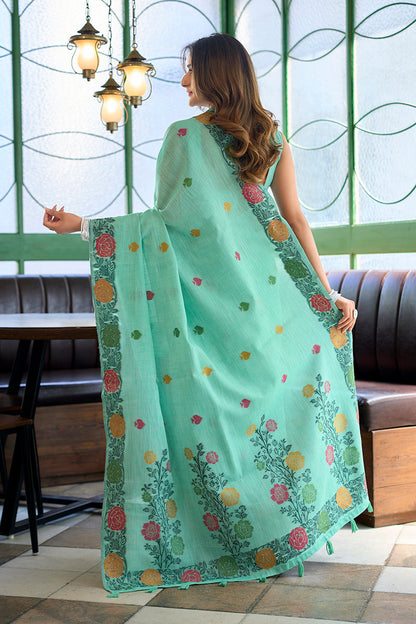 Monjolika Fashion Turquoise Floral Printed Linen Jacquard Saree with unstiched Blouse Piece