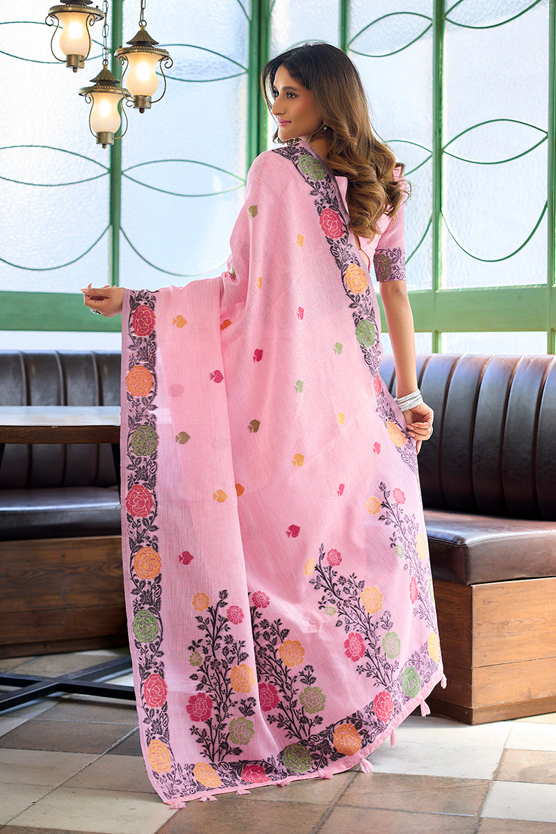 Monjolika Fashion Pink Floral Printed Linen Jacquard Saree with unstiched Blouse Piece