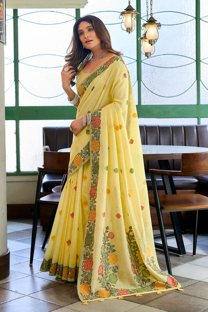 Monjolika Fashion Light Yellow Floral Printed Linen Jacquard Saree with unstiched Blouse Piece