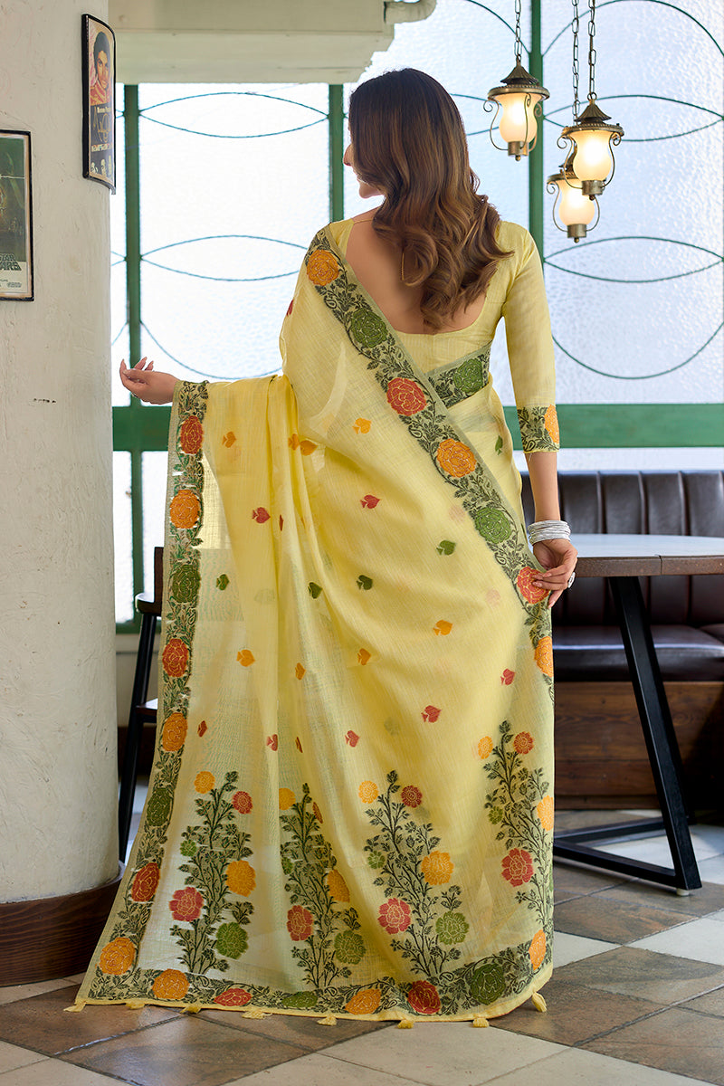 Monjolika Fashion Light Yellow Floral Printed Linen Jacquard Saree with unstiched Blouse Piece
