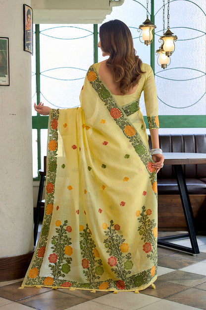 Monjolika Fashion Light Yellow Floral Printed Linen Jacquard Saree with unstiched Blouse Piece