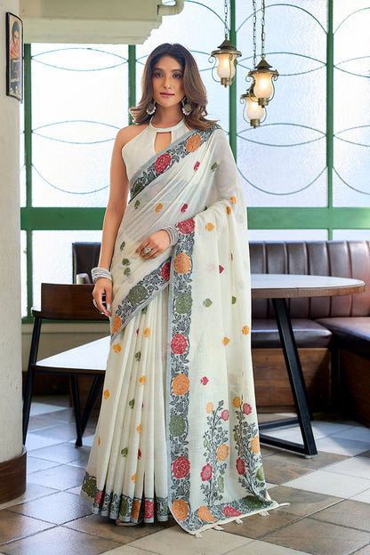 Monjolika Fashion Off White Floral Printed Linen Jacquard Saree with unstiched Blouse Piece