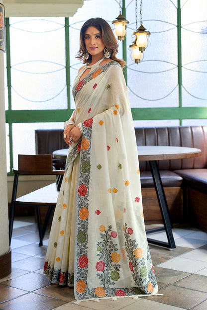 Monjolika Fashion Off White Floral Printed Linen Jacquard Saree with unstiched Blouse Piece