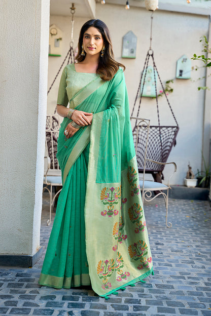 Monjolika Fashion Sea Green Cotton Blend Jacquard Saree with Traditional Paithani Pallu