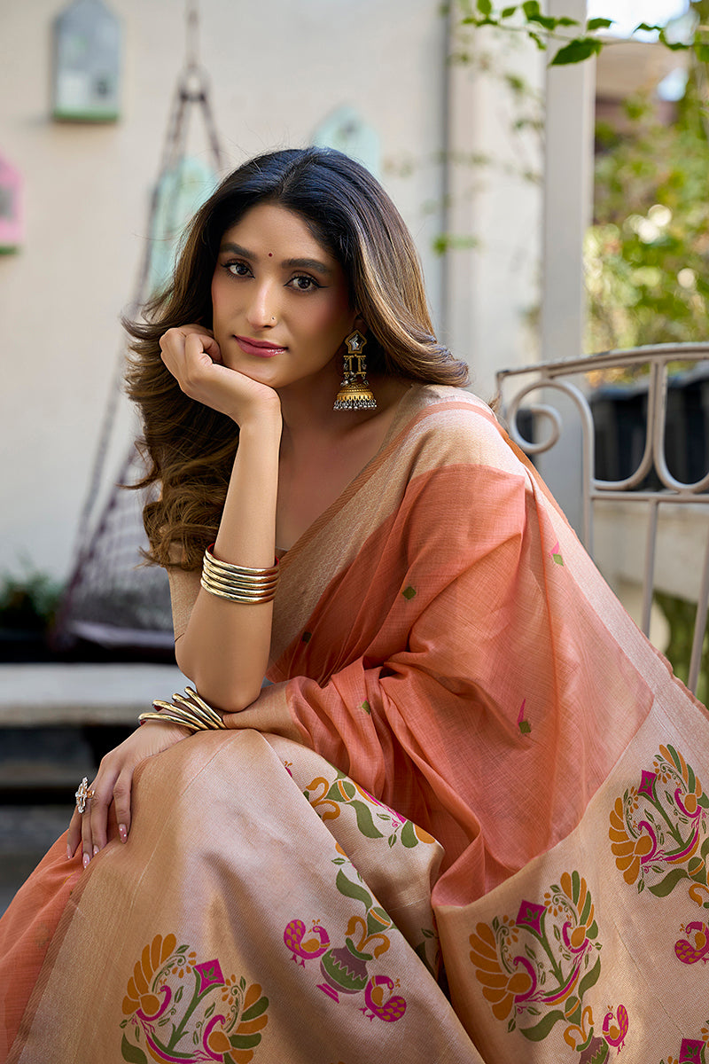 Monjolika Fashion Peach Cotton Blend Jacquard Saree with Traditional Paithani Pallu