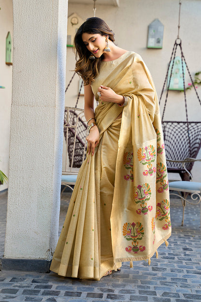 Monjolika Fashion Beige Cotton Blend Jacquard Saree with Traditional Paithani Pallu